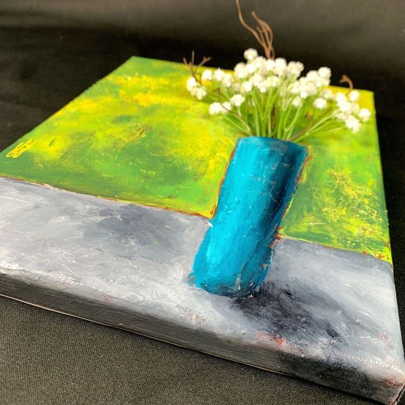 Original Art Floral Mixed Media Acrylic Painting Green Teal White Tall Vase - Picture 3 of 7